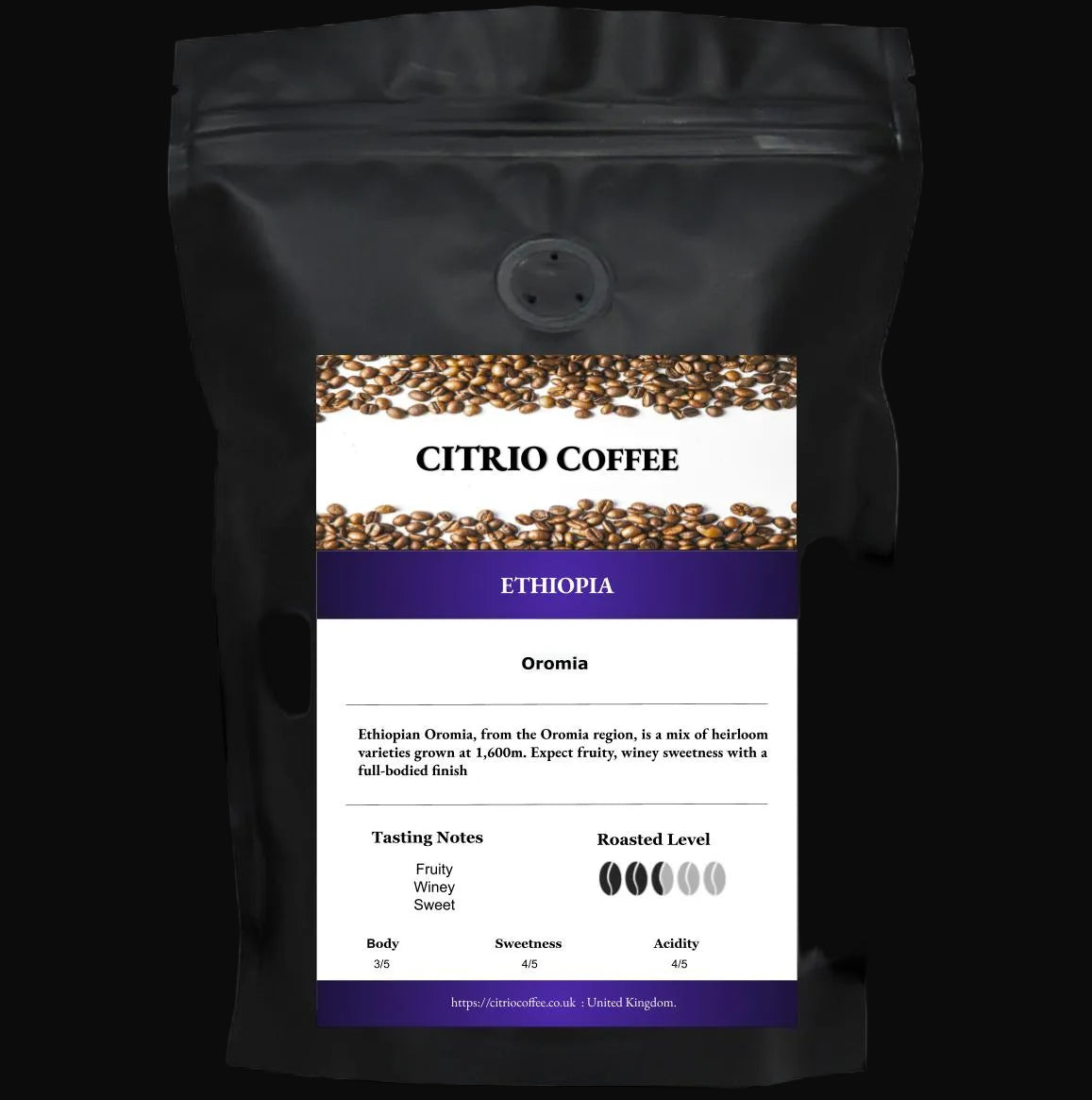 Ethiopian Oromia coffee beans from high-altitude farms, featuring vibrant fruity and floral notes, sustainably grown and carefully processed
